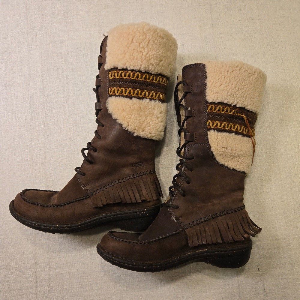 Ugg Sunburst Winter Shearling Moccasin Boots Tall Size 6 Womens Brown Fring Snow